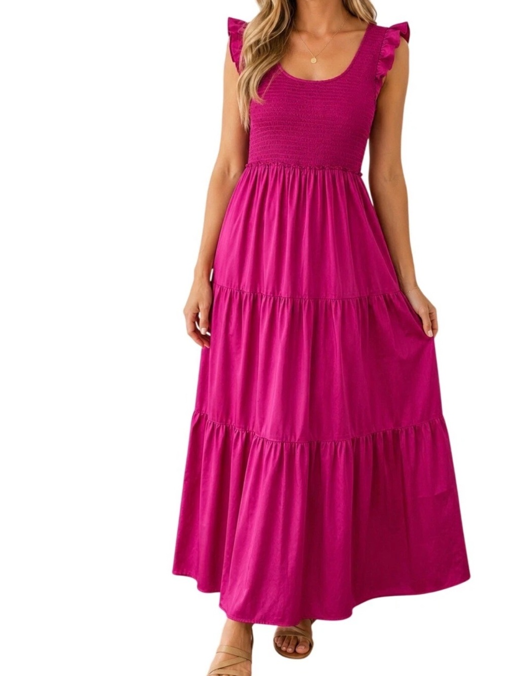 Natural Life Smocked satin Flutter
Sleeve Tiered Maxi Dress boho
Magenta XS